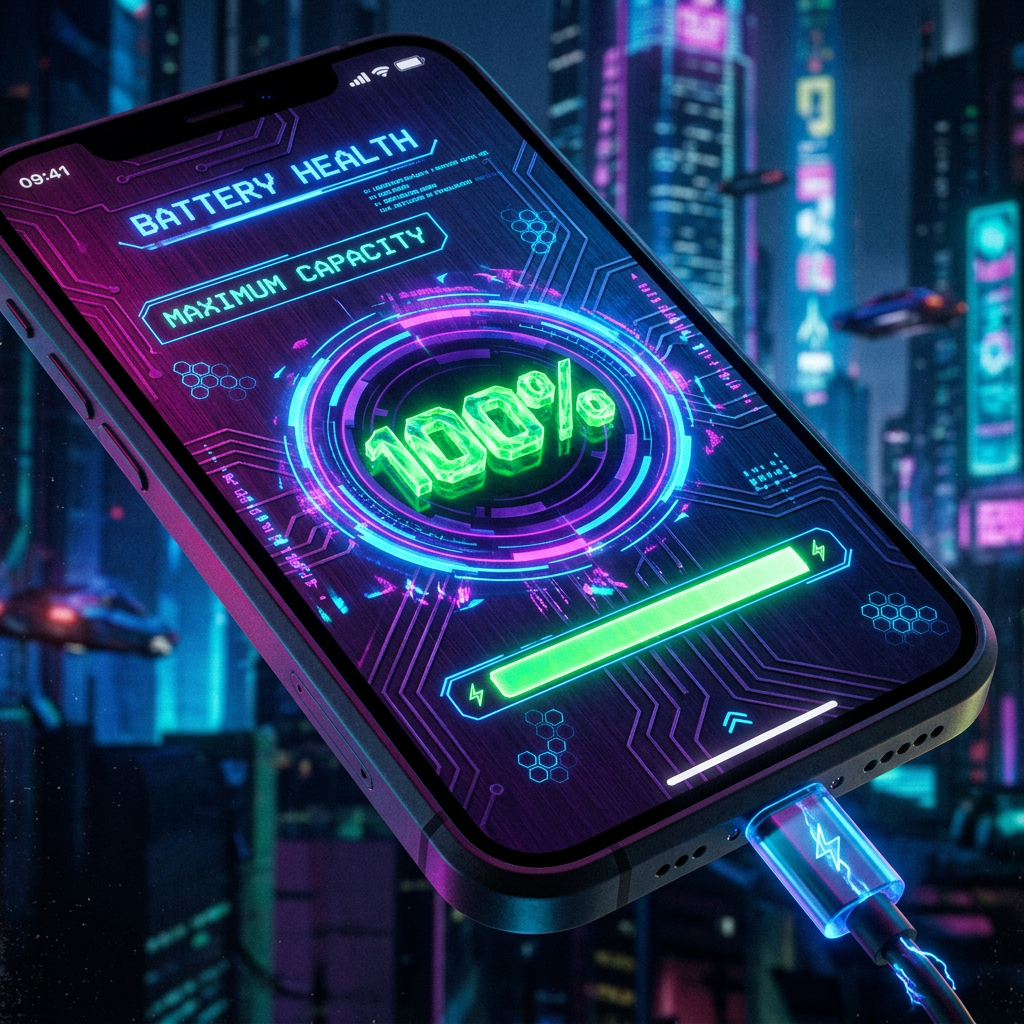 Smartphone displaying 100% maximum battery capacity with neon graphics