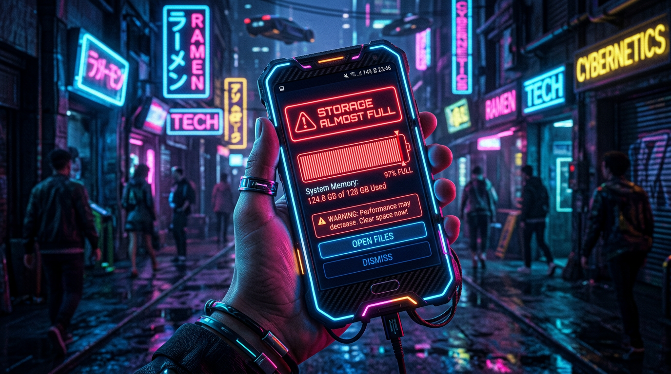 Hand holding smartphone displaying storage almost full warning in neon-lit cyberpunk street