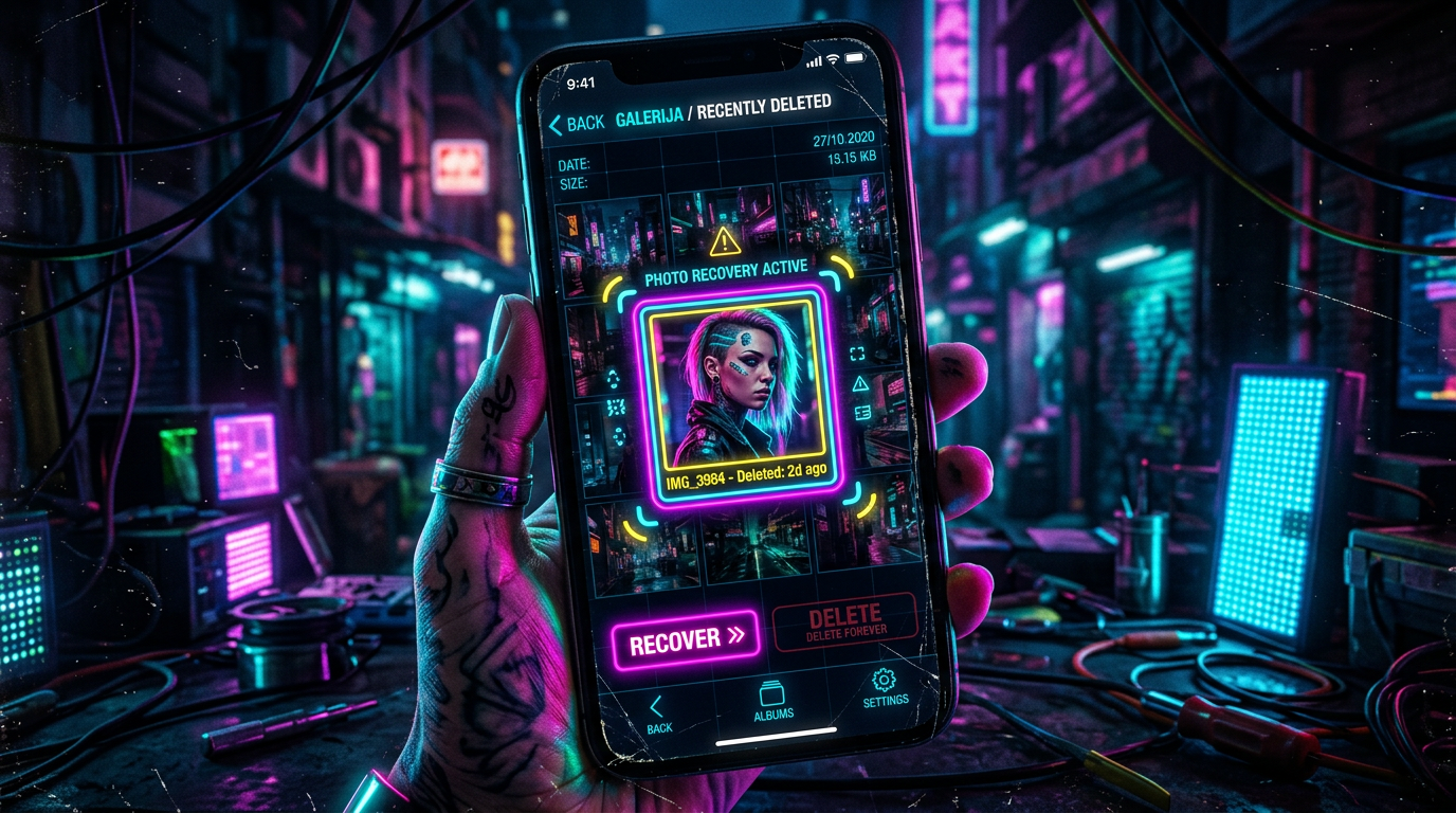 Smartphone showing photo recovery screen with a deleted image of a cyberpunk styled person