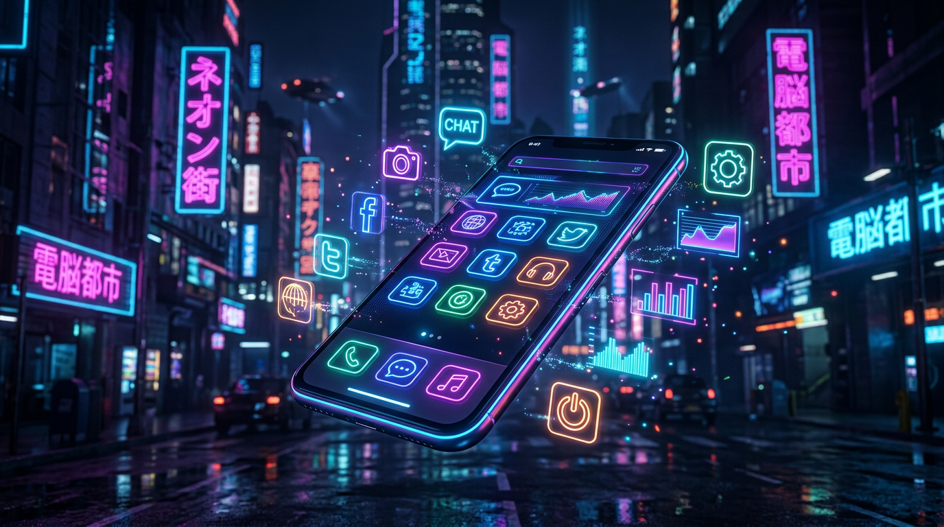 Smartphone com ícones luminosos flutuando ao redor