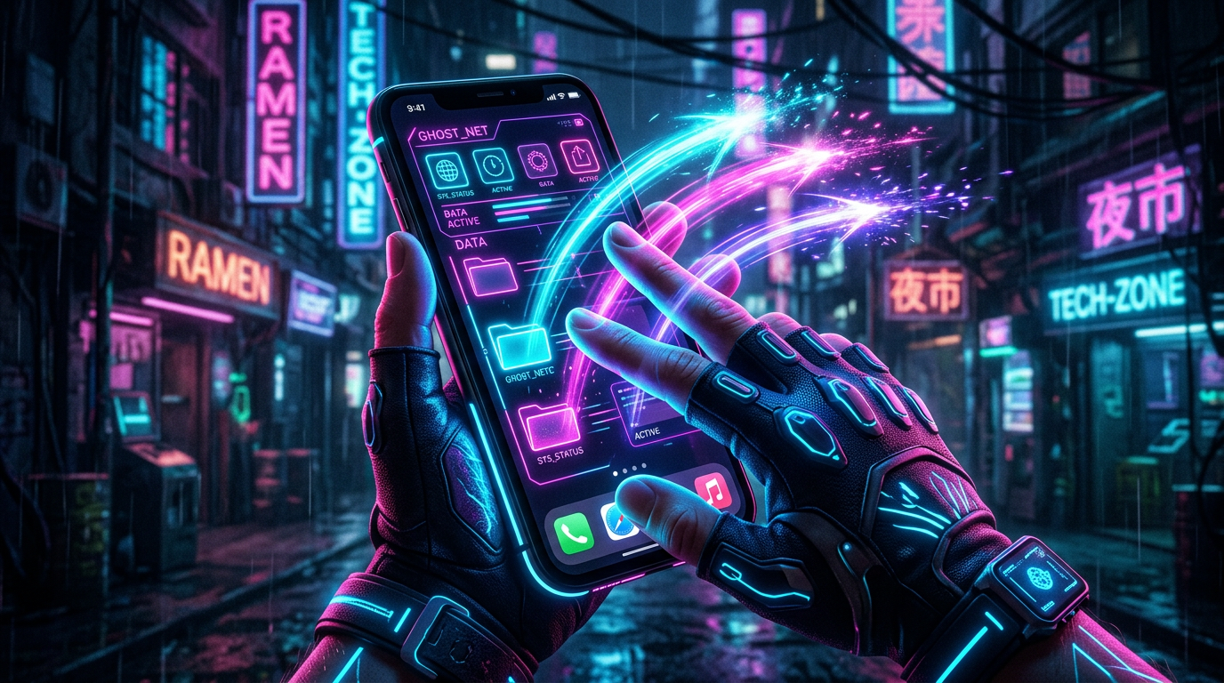Hands with high-tech gloves interacting with a smartphone displaying a neon cyber-hacking interface