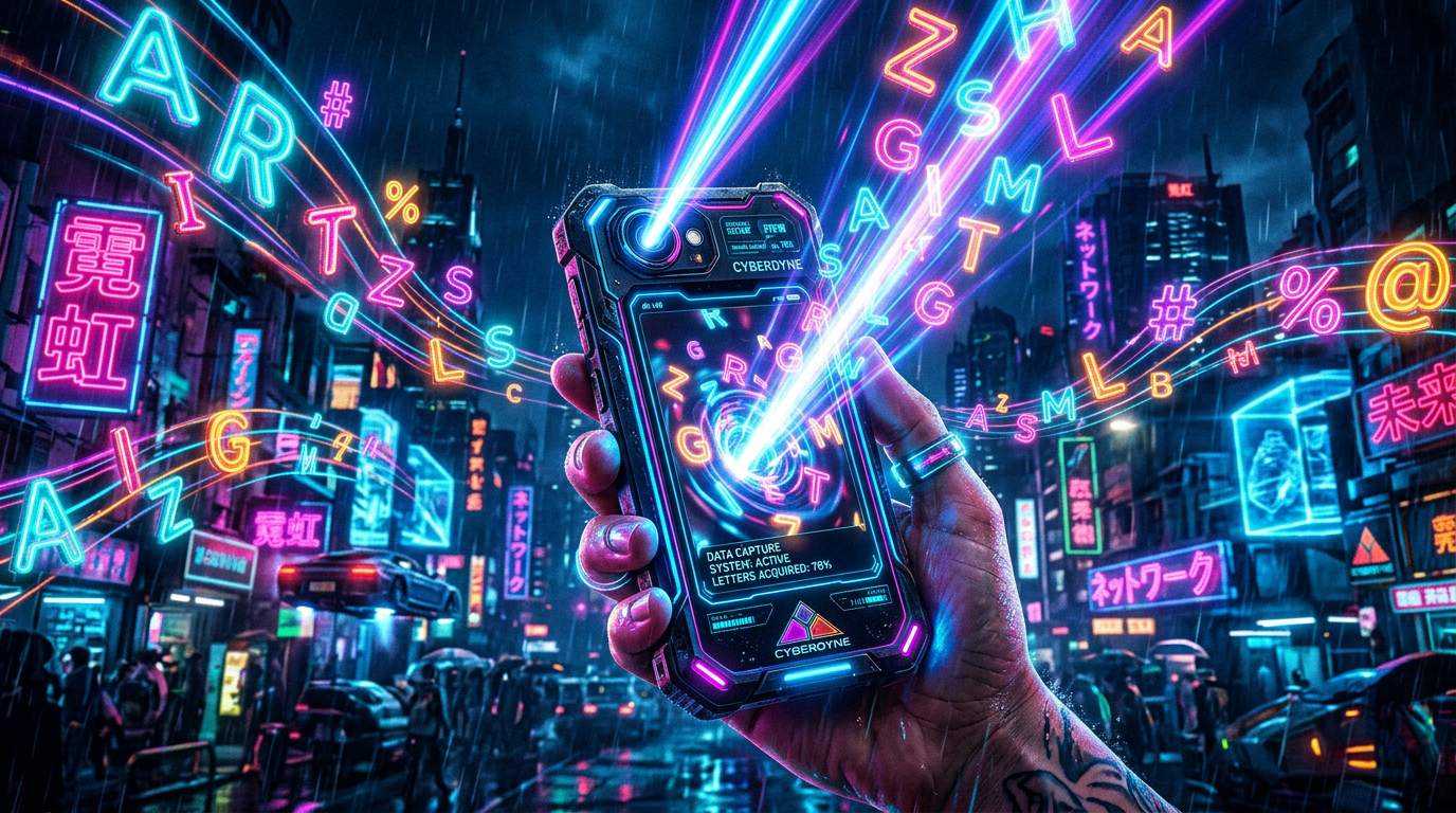 Hand holding cyberpunk device projecting colorful holographic letters in rainy city street