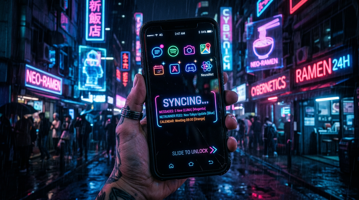 Smartphone dark mode screen close-up at night