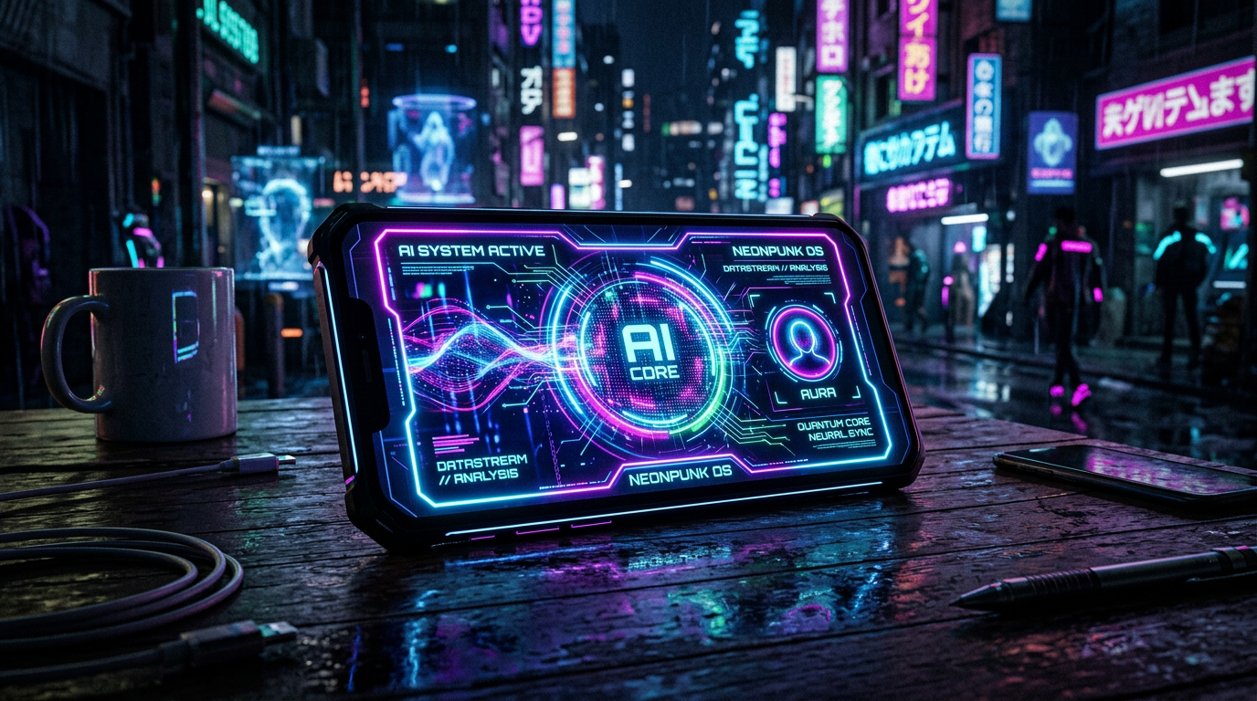 Smartphone with glowing AI interface on table