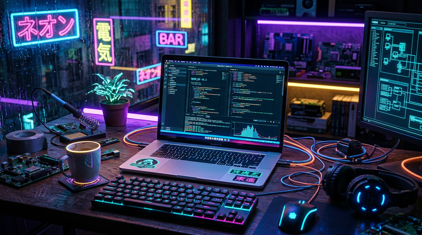 Neon-lit desk with laptop displaying code, colorful keyboard and mouse, coffee cup, headphones, and electronic parts.